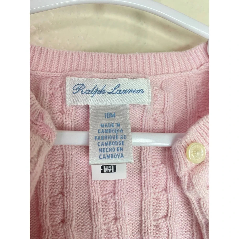 Ralph Lauren Baby Girls Pink Cable Knit Cardigan Sweater 18M Embroidered Pony